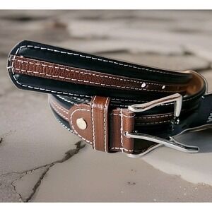 NWT Men's XL 42-44 Black/Brown Stripe Genuine Leather Belt Silver Buckle Modern